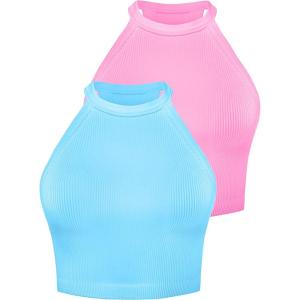 imageSunzel Ribbed Tank Tops for Women Halter High Neck Seamless Cute Crop Top Basics Sleeveless Workout Athletic Yoga ShirtsSky Bluebubblegum Crop 2 Pack