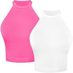 imageSunzel Ribbed Tank Tops for Women Halter High Neck Seamless Cute Crop Top Basics Sleeveless Workout Athletic Yoga ShirtsWhitehot Pink Waist Length 2 Pack