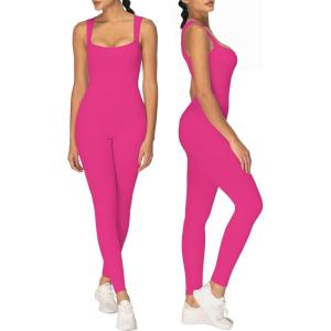imageSunzel Ribbed Yoga Jumpsuits for Women Sexy Seamless Square Neck Tummy Control Workout One Piece Bodysuits Unitard for WomenHot Pink