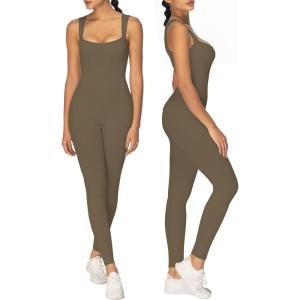 imageSunzel Ribbed Yoga Jumpsuits for Women Sexy Seamless Square Neck Tummy Control Workout One Piece Bodysuits Unitard for WomenOlive Green