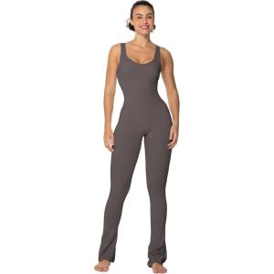 imageSunzel Womens Sleeveless Bodysuits Seamless Ribbed Jumpsuit with Butt Scrunch Flare Leggings Builtin Pad and Square NeckDark Grey