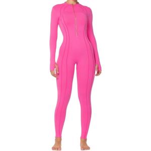 imageSunzel Yoga Jumpsuits for women Long Sleeve Workout Jumpsuit Gold Zipper Front One Piece Sport Bodycon RompersHot Pink