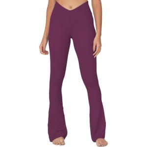 imageSunzel Mini Flare Leggings for Women V Crossover Mid Rise Workout Flared Yoga Pants with Tummy Control and Wide LegCherry Red