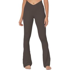imageSunzel Mini Flare Leggings for Women V Crossover Mid Rise Workout Flared Yoga Pants with Tummy Control and Wide LegSeal Brown