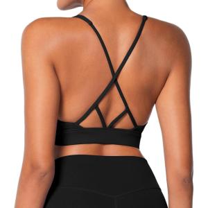 imageSunzel Sports Bra for Women V Neck Criss Cross Back Running Bras Removable Cups Wirefree Padded Workout Bra Yoga GymBlack