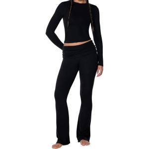 imageSunzel Two Piece Sets for Women Long Sleeve Crop Top and Fold Over Flare Pant Casual Pajamas Outfits for LoungeBlack