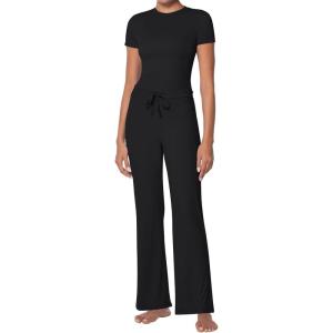 imageSunzel Womens 2 Piece Lounge Sets Straight Leg Pants Slim Tight Short Sleeve Tops Matching Set Casual Workout SweatsuitBlack
