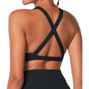 imageSunzel Womens Sports Bra Criss Cross Back Yoga Crop Top with Removable Pads Double Lined V Neck Wirefree Padded Workout BraBlack