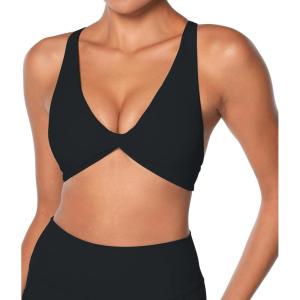 imageSunzel Womens Strappy Sports Bra with Removable Pads V Neck Twist Front Cross Strap Padded Yoga Bra for Workout Gym RunningBlack