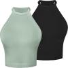 imageSunzel Ribbed Tank Tops for Women Halter High Neck Seamless Cute Crop Top Basics Sleeveless Workout Athletic Yoga ShirtsBlackolive Green Waist Length 2 Pack