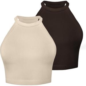 imageSunzel Ribbed Tank Tops for Women Halter High Neck Seamless Cute Crop Top Basics Sleeveless Workout Athletic Yoga ShirtsBeigecoffee Brown Crop 2 Pack