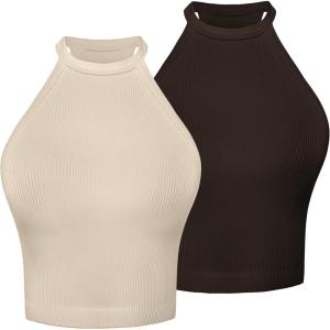imageSunzel Ribbed Tank Tops for Women Halter High Neck Seamless Cute Crop Top Basics Sleeveless Workout Athletic Yoga ShirtsBeigecoffee Brown Waist Length 2 Pack