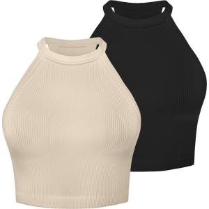 imageSunzel Ribbed Tank Tops for Women Halter High Neck Seamless Cute Crop Top Basics Sleeveless Workout Athletic Yoga ShirtsBlackbeige Crop 2 Pack
