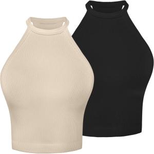 imageSunzel Ribbed Tank Tops for Women Halter High Neck Seamless Cute Crop Top Basics Sleeveless Workout Athletic Yoga ShirtsBlackbeige Waist Length 2 Pack
