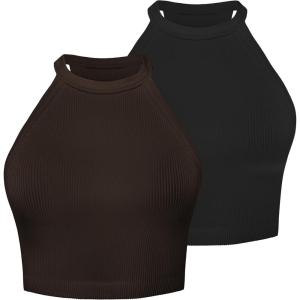 imageSunzel Ribbed Tank Tops for Women Halter High Neck Seamless Cute Crop Top Basics Sleeveless Workout Athletic Yoga ShirtsBlackcoffee Brown Crop 2 Pack