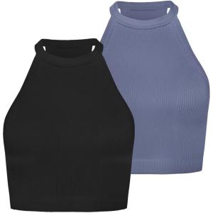 imageSunzel Ribbed Tank Tops for Women Halter High Neck Seamless Cute Crop Top Basics Sleeveless Workout Athletic Yoga ShirtsBlackgreyish Blue Crop 2 Pack