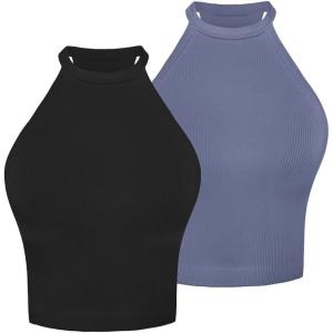 imageSunzel Ribbed Tank Tops for Women Halter High Neck Seamless Cute Crop Top Basics Sleeveless Workout Athletic Yoga ShirtsBlackgreyish Blue Waist Length 2 Pack