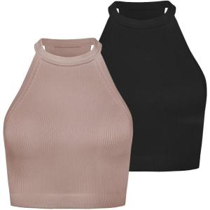 imageSunzel Ribbed Tank Tops for Women Halter High Neck Seamless Cute Crop Top Basics Sleeveless Workout Athletic Yoga ShirtsBlackmocha Brown Crop 2 Pack