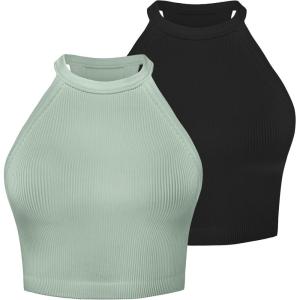 imageSunzel Ribbed Tank Tops for Women Halter High Neck Seamless Cute Crop Top Basics Sleeveless Workout Athletic Yoga ShirtsBlackolive Green Crop 2 Pack