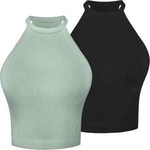 imageSunzel Ribbed Tank Tops for Women Halter High Neck Seamless Cute Crop Top Basics Sleeveless Workout Athletic Yoga ShirtsBlackolive Green Waist Length 2 Pack