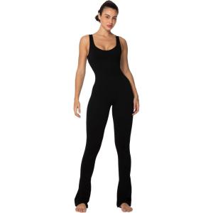 imageSunzel Womens Sleeveless Bodysuits Seamless Ribbed Jumpsuit with Butt Scrunch Flare Leggings Builtin Pad and Square Neck