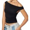 imageSunzel Womens Off Shoulder Sleeveless Crop Top Y2K Trendy Going Out Tank Shirt Asymmetrical Neckline ampamp Ruched DetailBlack