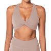 imageSunzel Womens Sports Bra Criss Cross Back Yoga Crop Top with Removable Pads Double Lined V Neck Wirefree Padded Workout BraBeige