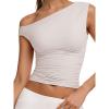 imageSunzel Womens Off Shoulder Sleeveless Crop Top Y2K Trendy Going Out Tank Shirt Asymmetrical Neckline ampamp Ruched DetailBeige
