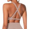 imageSunzel Womens Sports Bra Criss Cross Back Yoga Crop Top with Removable Pads Double Lined V Neck Wirefree Padded Workout BraBeige