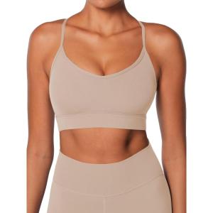 imageSunzel Sports Bra for Women CrissCross Open Back Adjustable Strappy Bras Workout Gym Padded Yoga Bra with Removable PadsBeige