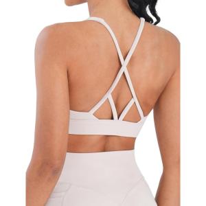 imageSunzel V Neck Strappy Sports Bras for Women Criss Cross Back Halter Yoga Bra Removable Cups Padded Workout Running Gym TopsBeige