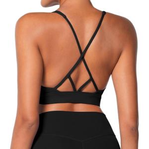 imageSunzel V Neck Strappy Sports Bras for Women Criss Cross Back Halter Yoga Bra Removable Cups Padded Workout Running Gym TopsBlack