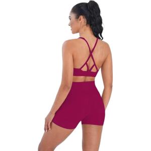 imageSunzel V Neck Strappy Sports Bras for Women Criss Cross Back Halter Yoga Bra Removable Cups Padded Workout Running Gym TopsSangria