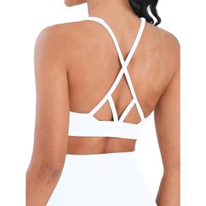 imageSunzel V Neck Strappy Sports Bras for Women Criss Cross Back Halter Yoga Bra Removable Cups Padded Workout Running Gym TopsWhite