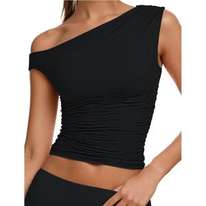 imageSunzel Womens Off Shoulder Sleeveless Crop Top Y2K Trendy Going Out Tank Shirt Asymmetrical Neckline ampamp Ruched DetailBlack