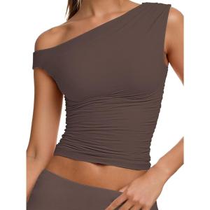imageSunzel Womens Off Shoulder Sleeveless Crop Top Y2K Trendy Going Out Tank Shirt Asymmetrical Neckline ampamp Ruched DetailSeal Brown