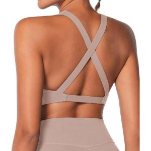 imageSunzel Womens Sports Bra Criss Cross Back Yoga Crop Top with Removable Pads Double Lined V Neck Wirefree Padded Workout BraBeige