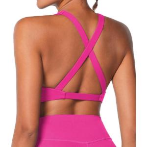 imageSunzel Womens Sports Bra Criss Cross Back Yoga Crop Top with Removable Pads Double Lined V Neck Wirefree Padded Workout BraHot Pink