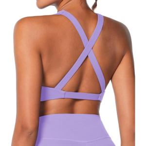 imageSunzel Womens Sports Bra Criss Cross Back Yoga Crop Top with Removable Pads Double Lined V Neck Wirefree Padded Workout BraLilac