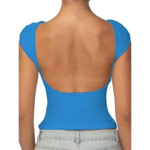imageSunzel Open Back Tops for Women Sexy Going Out Top Double Lined Backless Shirt Y2K Crop Basic Tee Shirts for Casual WorkoutClassic Blue
