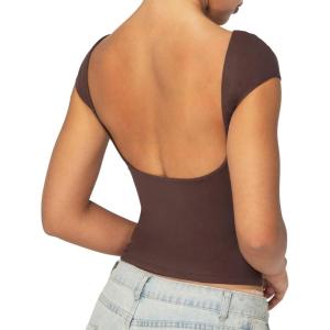 imageSunzel Open Back Tops for Women Sexy Going Out Top Double Lined Backless Shirt Y2K Crop Basic Tee Shirts for Casual WorkoutSeal Brown