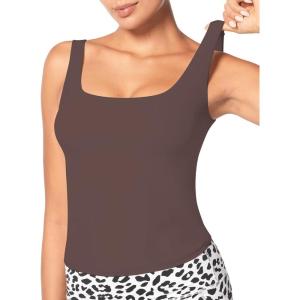imageSunzel Womens Square Neck Tank Top Longline Workout Yoga Sleeveless Double Lined Basic Tight T Shirts Going Out Casual TopsSeal Brown