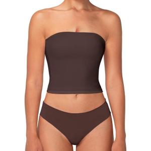 imageSunzel Womens Strapless Sexy Tube Top Double Lined Sleeveless Crop Top Summer Basic Bandeau Tops for Layering or Going OutSeal Brown