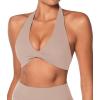 imageSunzel Womens Halter Neck Sports Bra Twist Front Yoga Crop Top with Removable Pads Open Back V Neck Bra for Gym WorkoutBeige