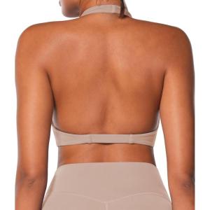 imageSunzel Womens Halter Neck Sports Bra Twist Front Yoga Crop Top with Removable Pads Open Back V Neck Bra for Gym WorkoutBeige