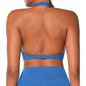 imageSunzel Womens Halter Neck Sports Bra Twist Front Yoga Crop Top with Removable Pads Open Back V Neck Bra for Gym WorkoutClassic Blue