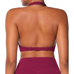 imageSunzel Womens Halter Neck Sports Bra Twist Front Yoga Crop Top with Removable Pads Open Back V Neck Bra for Gym WorkoutSangria