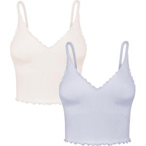 imageSunzel Tank Top for Women V Neck Seamless Ribbed Crop Camisole with RufflesBeigegrey