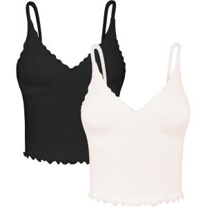 imageSunzel Tank Top for Women V Neck Seamless Ribbed Crop Camisole with RufflesBlack  Beige