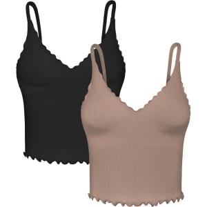 imageSunzel Tank Top for Women V Neck Seamless Ribbed Crop Camisole with RufflesBlack  Brown